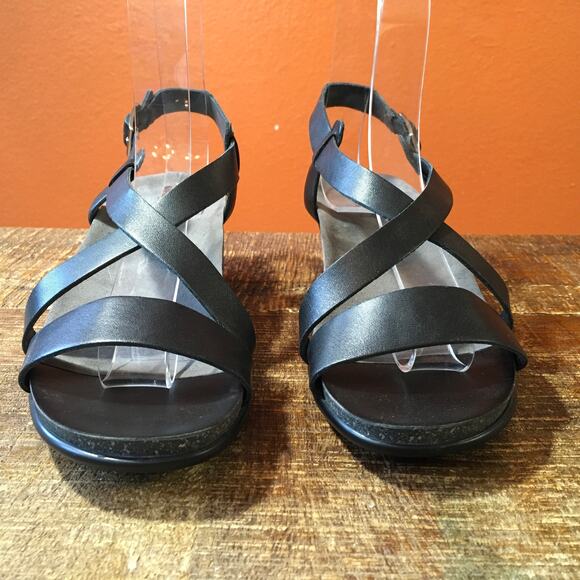 SAS San Antonio Shoes Nouveau Leather Cross Strap Heel Sandal  Black Womens 8 M - Picture 3 of 10